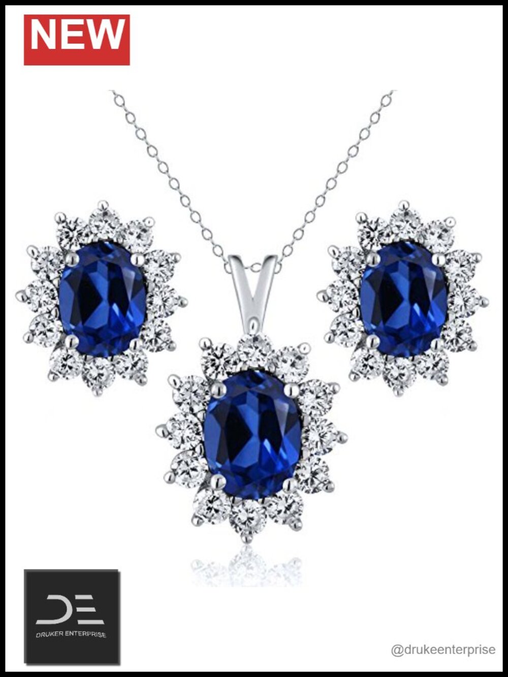 Created Sapphire 925 Sterling Silver Necklace Earring Set, 5.24 CTTW